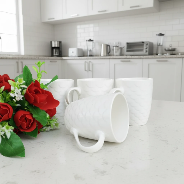6 Piece Classic White Ceramic Mugs with Embossed Design 350ml Kitchen & Dining Mugs