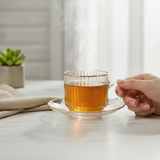 Delisoga Ribbed Glass Cup & Saucer Gold Rim 200ml Clear Crystal Kitchen & Dining Tea Sets