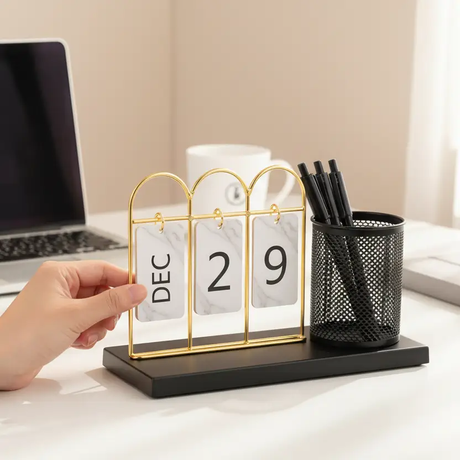 Desk Calendar - Luxe Flip Card with Gold Frame and Mesh Pen Holder Home & Garden Desk Calendars