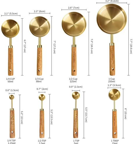 Measuring Cups and Spoons Set - 8pc Stainless Steel Engraved Fragrant Wood Handle Black Gold Kitchen & Dining Measuring Cups & Spoons