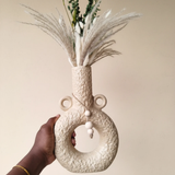 2-in-1 Ceramic Vase with Circle Handles Textured White Beige Home & Garden Uncategorized