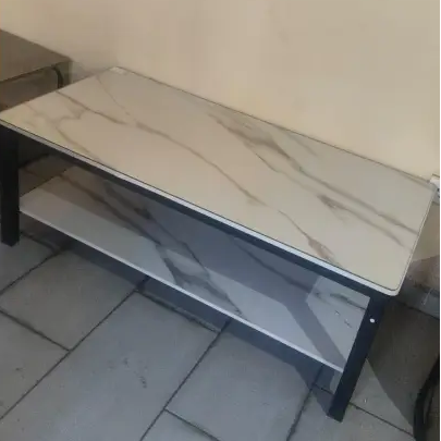 Two-Tier Marble-Effect Coffee Table with Glass Shelf & Metal Frame Coffee Table Coffee Tables