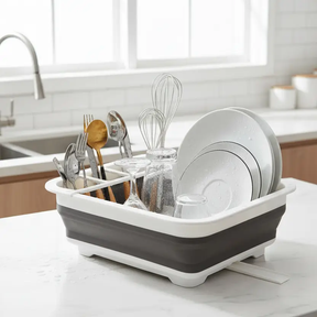 Dish Rack - Collapsible Silicone Foldable Dish Drainer with Cutlery Holder and Drain Spout Grey White Kitchen & Dining Dish Racks