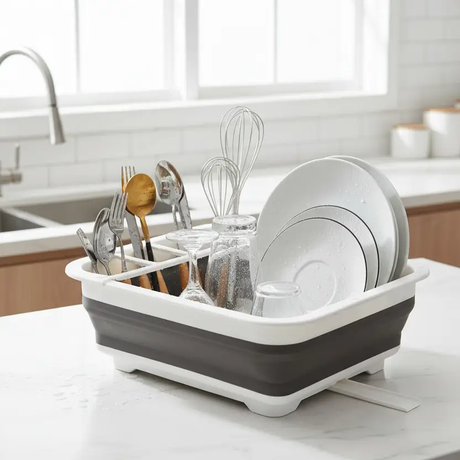 Dish Rack - Collapsible Silicone Foldable Dish Drainer with Cutlery Holder and Drain Spout Grey White Kitchen & Dining Dish Racks