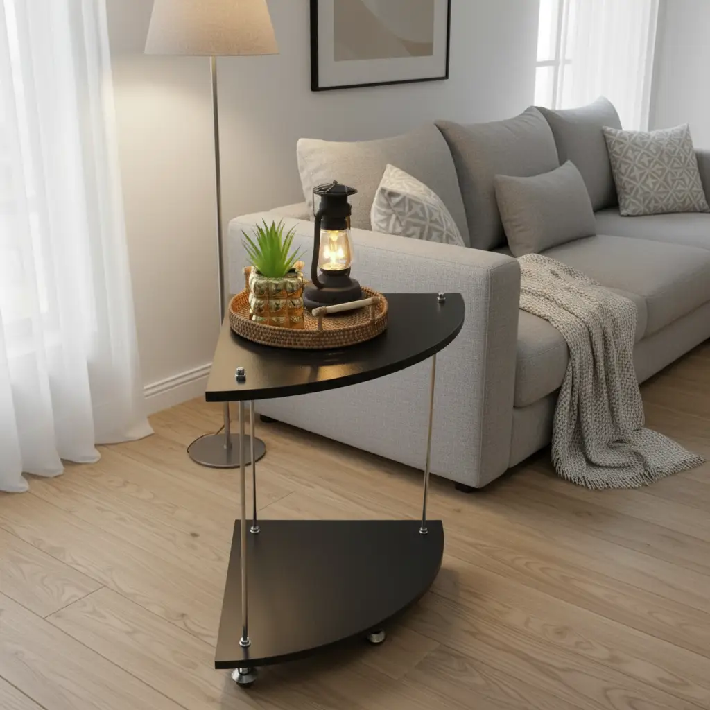 Corner Side Table - Nordic 2-Tier Half-Moon with Chrome Legs Black Furniture End Tables