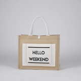 Hello Weekend Tote Bag Jute Canvas Smart Casual with Front Pocket 35x18x30cm Bags & Accessories Tote Bags