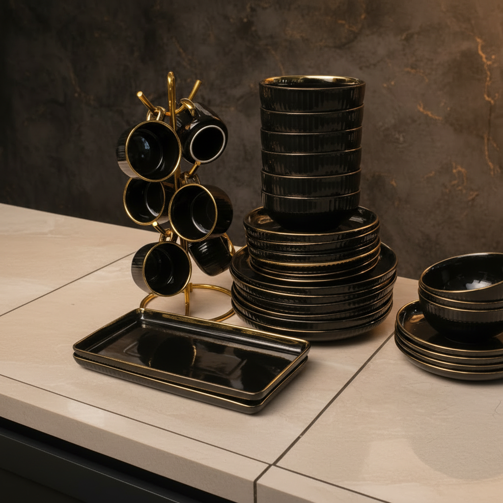 32-Piece Black Dinner Set with Gold Trim Ribbed Design