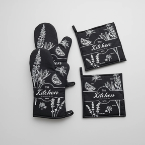 Kitchen Botanical Oven Mitt and Pot Holder 3-Piece Set Heat Resistant Black Cream Kitchen & Dining Oven Mitts & Pot Holders