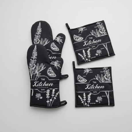 Kitchen Botanical Oven Mitt and Pot Holder 3-Piece Set Heat Resistant Black Cream Kitchen & Dining Oven Mitts & Pot Holders
