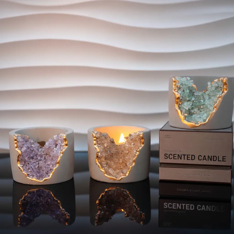Geode Crystal Scented Candle Concrete Vessel Gold-Gilded Rim Gift Box Amethyst Rose Aquamarine Home & Garden Candles