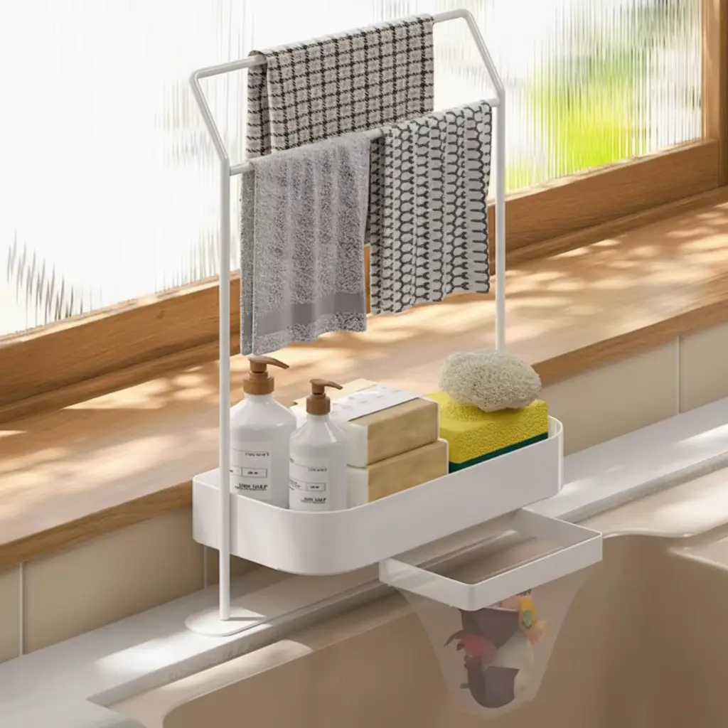 Sink Caddy - Carbon Steel with Double Towel Bars and Storage Tray White Grey Home & Garden Sink Caddies