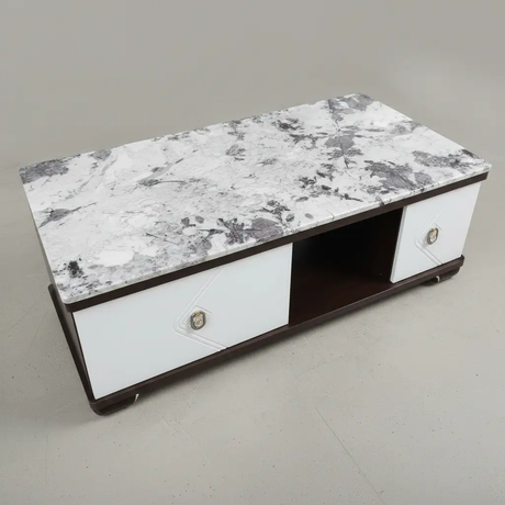 Large Marble Top Coffee Table with Cabinet Doors & Dark Wood Base Coffee Table Coffee Tables