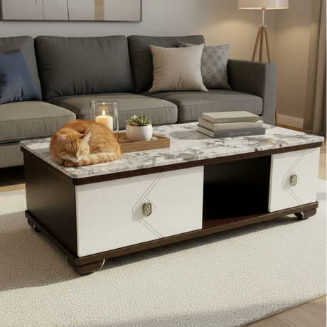 Large Marble Top Coffee Table with Cabinet Doors & Dark Wood Base Coffee Table Coffee Tables