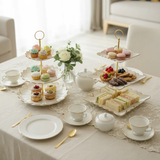 Cake Stand - 3-Tier White Ceramic Gold Rim Petal Edge Cupcake and Fruit Display Stand Kitchen & Dining Cake Stands