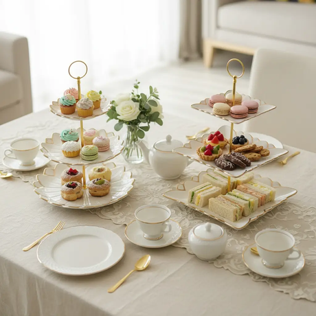 Cake Stand - 3-Tier White Ceramic Gold Rim Petal Edge Cupcake and Fruit Display Stand Kitchen & Dining Cake Stands