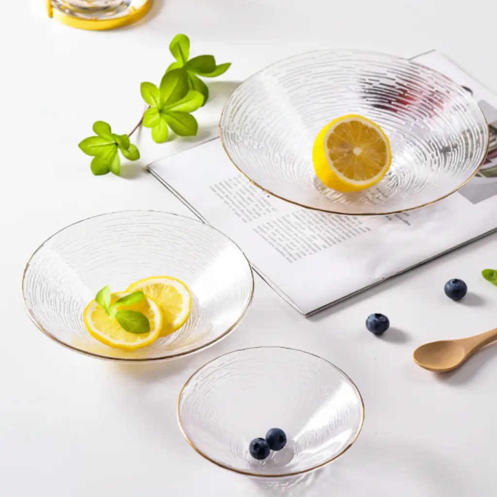 Glass Bowl Set - 3pcs Transparent Textured Gold Rim Fruit Salad Dessert Kitchen & Dining Bowls