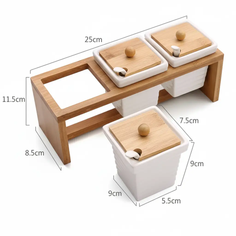 Canister Set - 3pcs Ceramic Spice Jars with Bamboo Lids and Stand Kitchen & Dining Food Storage Containers