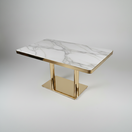 Dining Table - White Marble Effect Top with Gold Edge Trim and Twin Column Gold Base Furniture Kitchen & Dining Room Tables