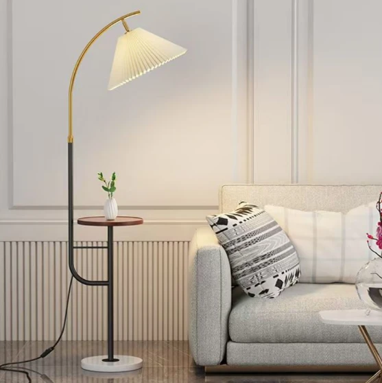 Elegant Arc Floor Lamp with Built-In Side Table and Pleated Shade Home & Garden Floor Lamps