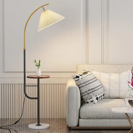 Elegant Arc Floor Lamp with Built-In Side Table and Pleated Shade Home & Garden Floor Lamps