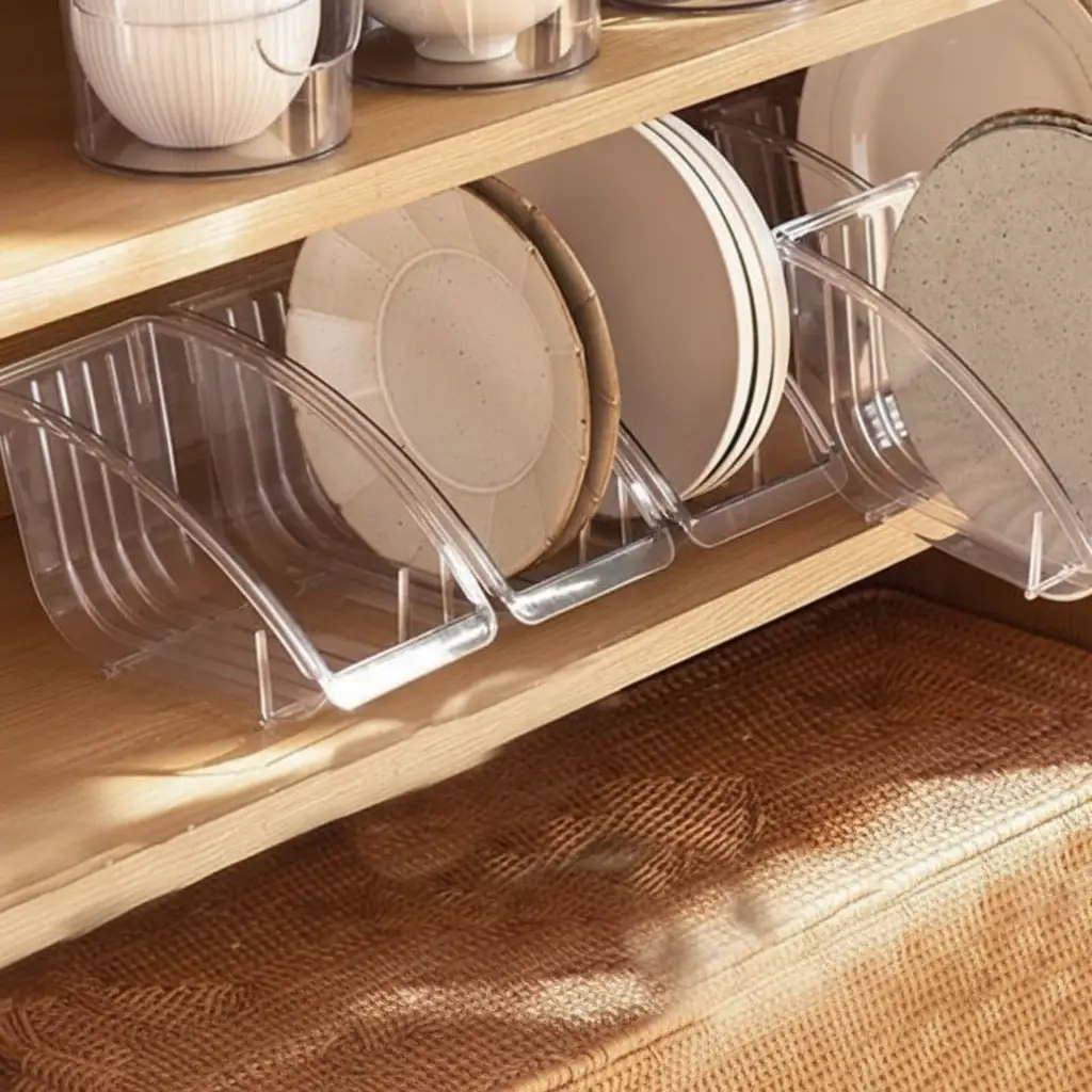 Plate Storage Rack - Upright Clear Acrylic Dish and Lid Organiser for Cabinet and Counter Kitchen & Dining Uncategorized