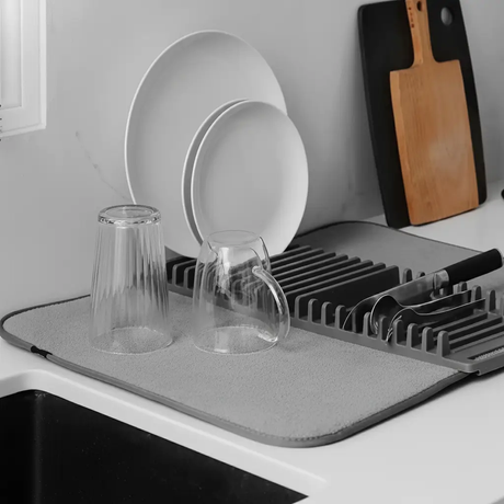 Dish Drying Mat - Foldable Microfibre Absorbent with Folding Rack Grey Kitchen & Dining Dish Racks