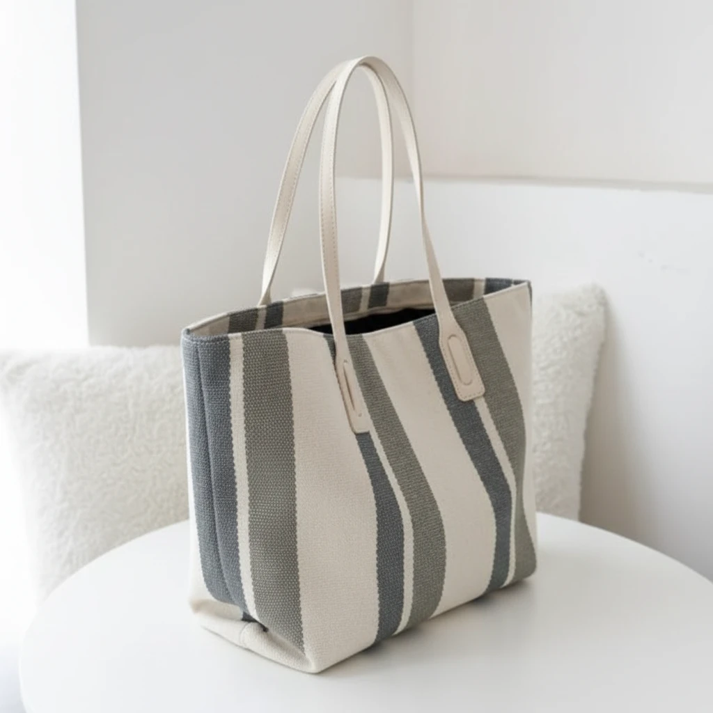 Elena Striped Linen Tote Bag 34x28.5x13.5cm Smart Casual Shoulder Bag Cream Grey Bags & Accessories Tote Bags