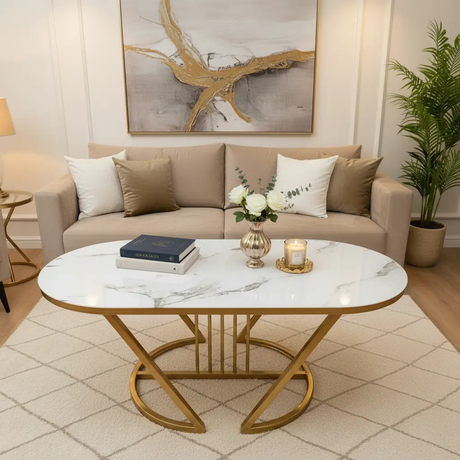 Coffee Table - Oval White Marble Effect Top with Gold Curved Arch Base Furniture Coffee Tables