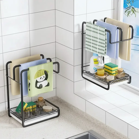 Sink Caddy - 2-in-1 Carbon Steel Dish Cloth Rack with Sponge Tray Matte Black Home & Garden Sink Caddies