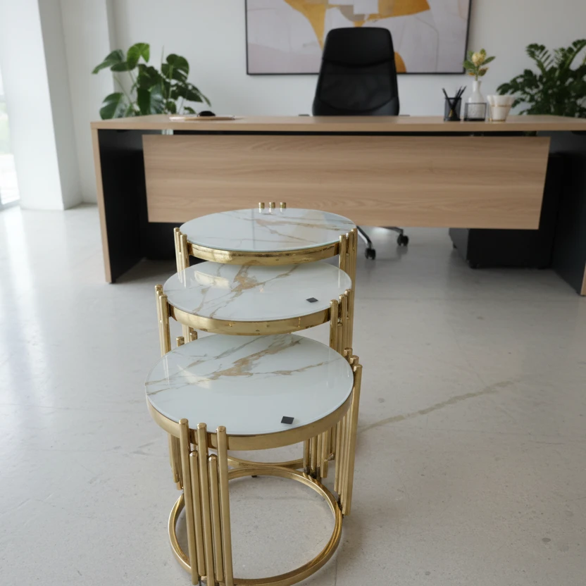 3 in 1 Executive Pure Marble Nesting Tables with Gold Frame Home & Garden Accent Tables