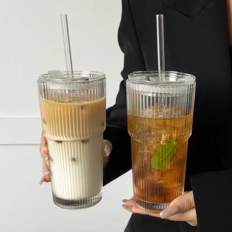Glass Cup - 600ml Vertical Stripe Ribbed with Lid Glass Straw Heat Sleeve Kitchen & Dining Tumblers