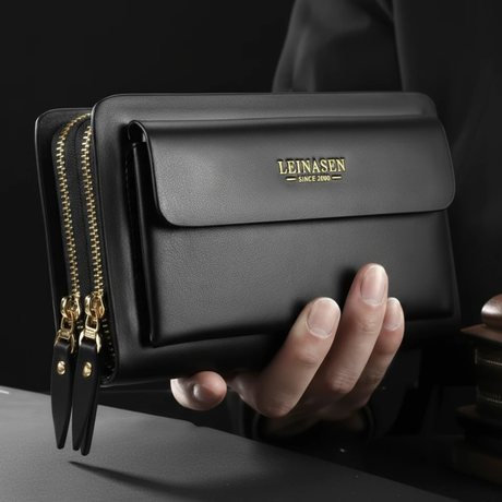 LEINASEN Business Clutch Wallet Double Zipper Wrist Strap 20.5x12x4cm Black Brown Personal Care Clutch Bags