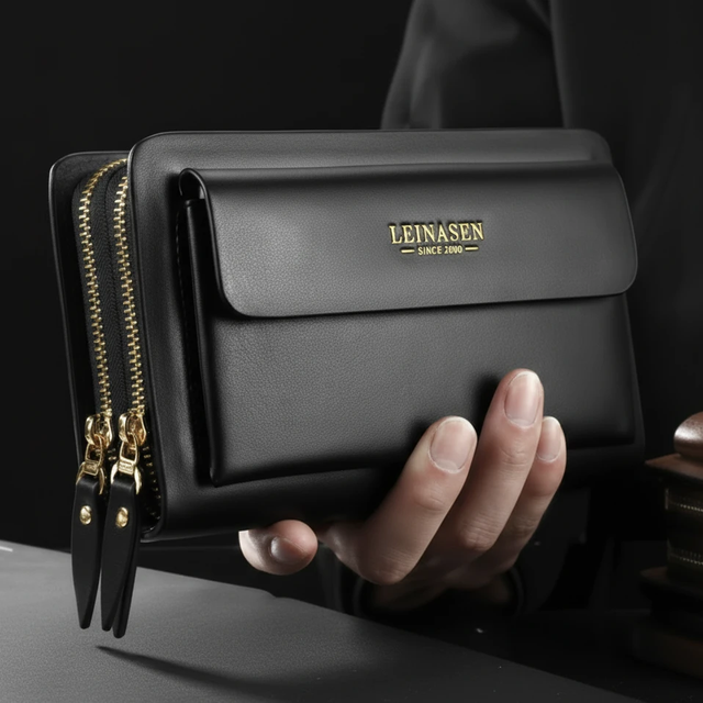 LEINASEN Business Clutch Wallet Double Zipper Wrist Strap 20.5x12x4cm Black Brown Personal Care Clutch Bags