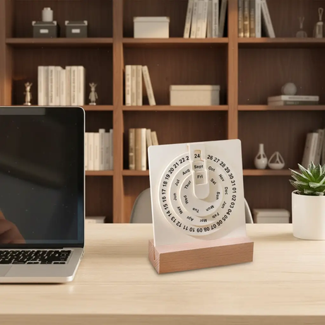Desk Calendar - Minimal Rotating Spiral Perpetual Acrylic Wood Base Home & Garden Desk Calendars