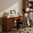 Office Desk - 5-Drawer with Left Door Cabinet and Round Wood Knobs Walnut Furniture Desks