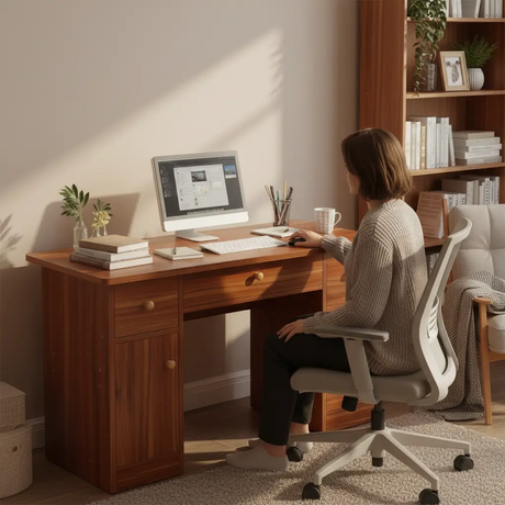 Office Desk - 5-Drawer with Left Door Cabinet and Round Wood Knobs Walnut Furniture Desks