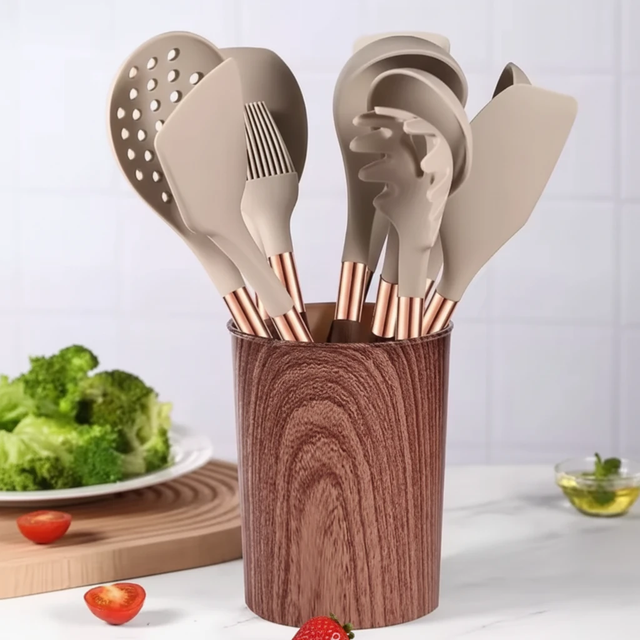 11-Piece Silicone Kitchen Utensil Set with Wood-Grain Handle and Storage Holder Kitchen & Dining Kitchen Utensil Sets