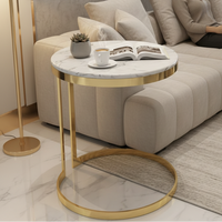 Side Table - Round Marble Top with Gold C-Frame and Circular Ring Base Furniture End Tables