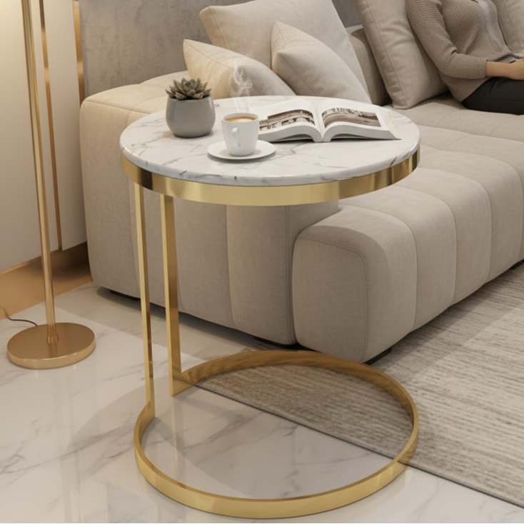 Side Table - Round Marble Top with Gold C-Frame and Circular Ring Base Furniture End Tables