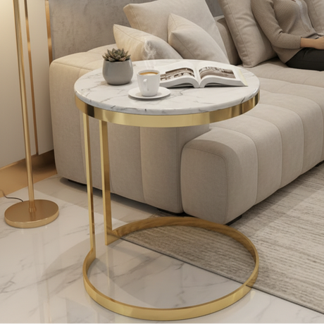 Side Table - Round Marble Top with Gold C-Frame and Circular Ring Base Furniture End Tables