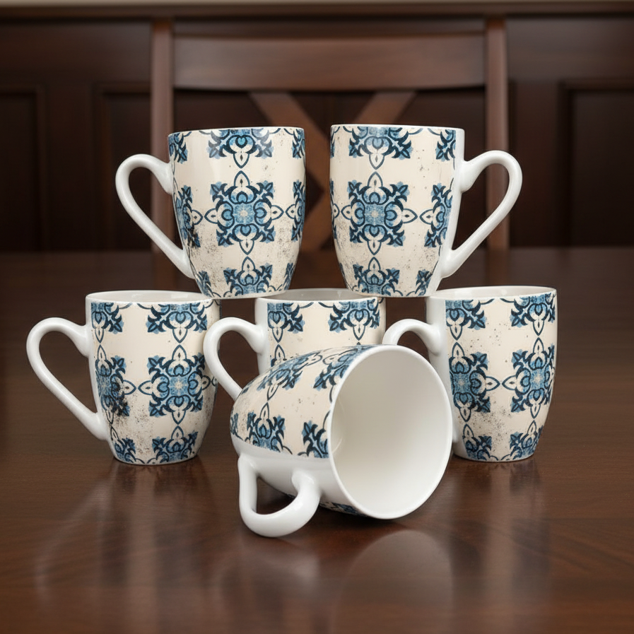6 Piece Moroccan Tile Pattern Ceramic Mugs 370ml