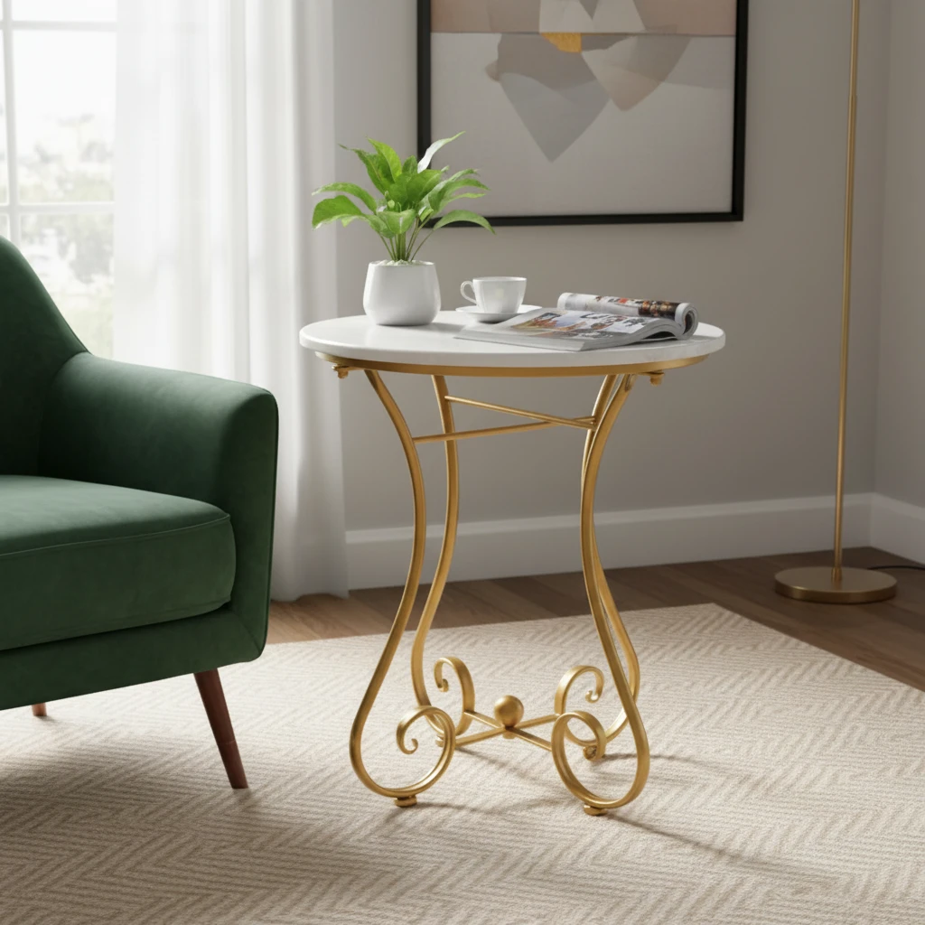 Round Coffee Table White Top Gold Scrollwork Iron Base Home & Garden Coffee Tables