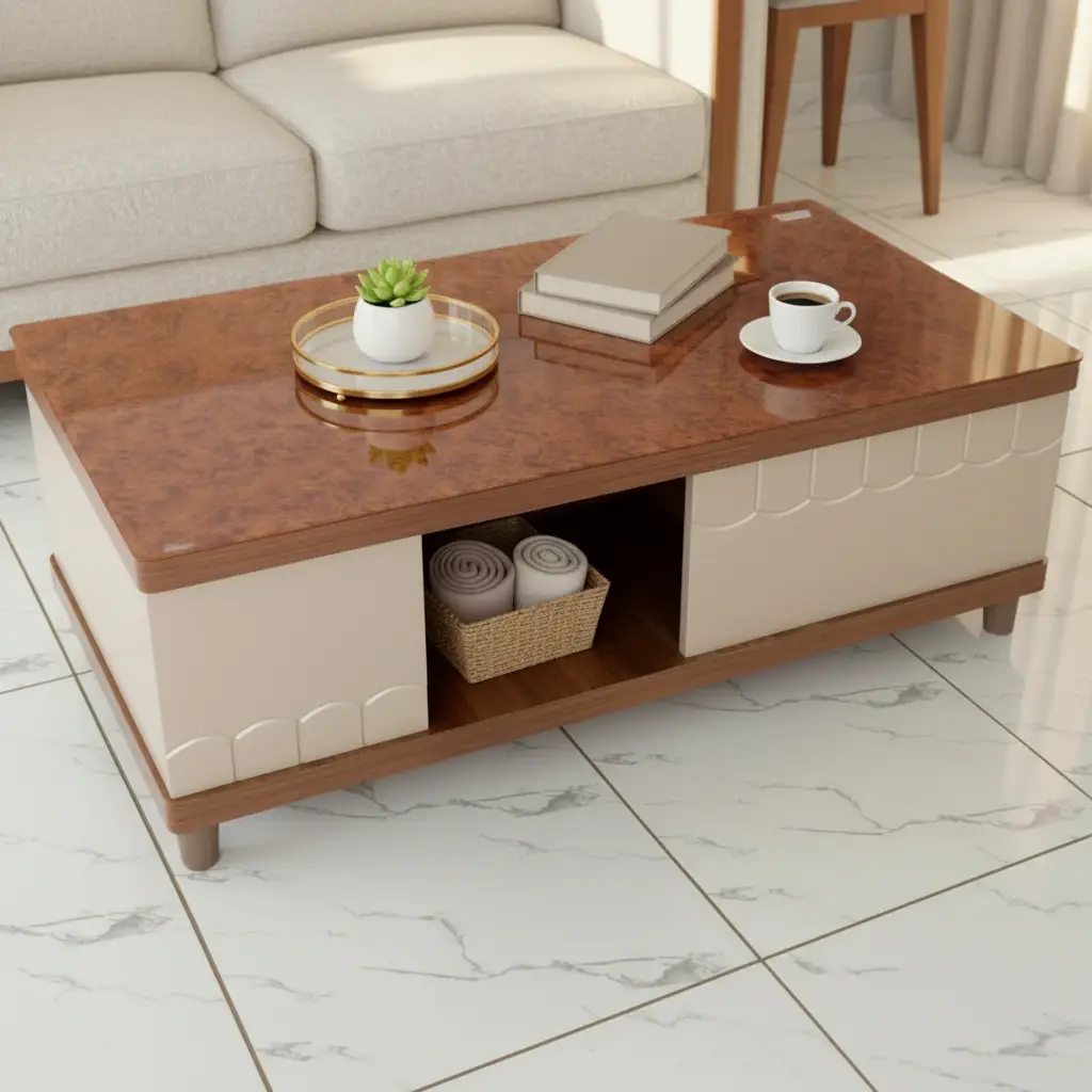 Coffee Table - Wood Effect Top 2-Door with Open Centre Shelf Cream Brown Furniture Coffee Tables