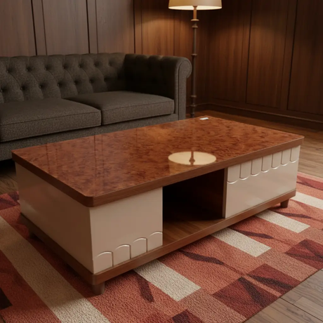 Coffee Table - Wood Effect Top 2-Door with Open Centre Shelf Cream Brown Furniture Coffee Tables