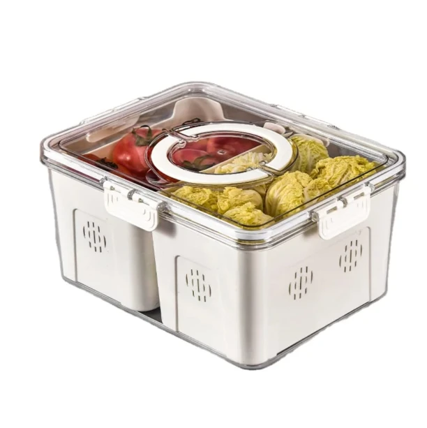 Stackable Fridge Storage Box Dual Sections Drain Basket Secure Lock 31x24x14.2cm Kitchen & Dining Food Storage Containers