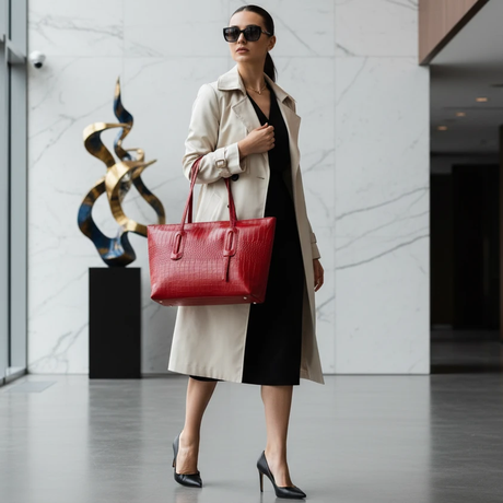 Croc Embossed PU Leather Tote Handbag 45x13x29cm Work Party Travel Chic Red Bags & Accessories Shopper Bags