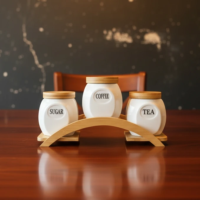 3 Piece Ceramic Canister Set With Curved Bamboo Stand Airtight Lids Coffee Sugar Kitchen & Dining Food Storage Containers