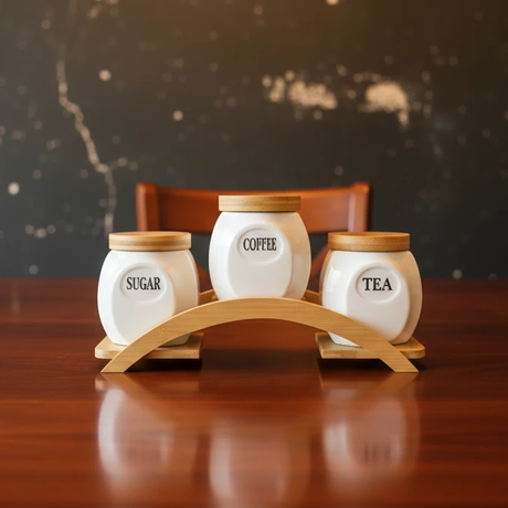 3 Piece Ceramic Canister Set With Curved Bamboo Stand Airtight Lids Coffee Sugar Kitchen & Dining Food Storage Containers