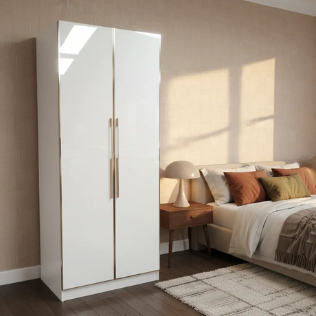 Wardrobe - 2-Door with Gold Vertical Handle Strips White Gloss Furniture Hinged Door Wardrobes