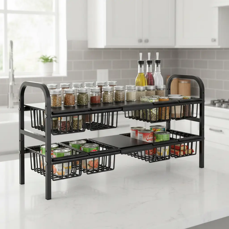 Under-Sink Organizer - 2-Tier Expandable Metal Rack with 2 Pull-Out Wire Baskets and Adjustable Shelves Black Home & Garden Kitchen Organizers